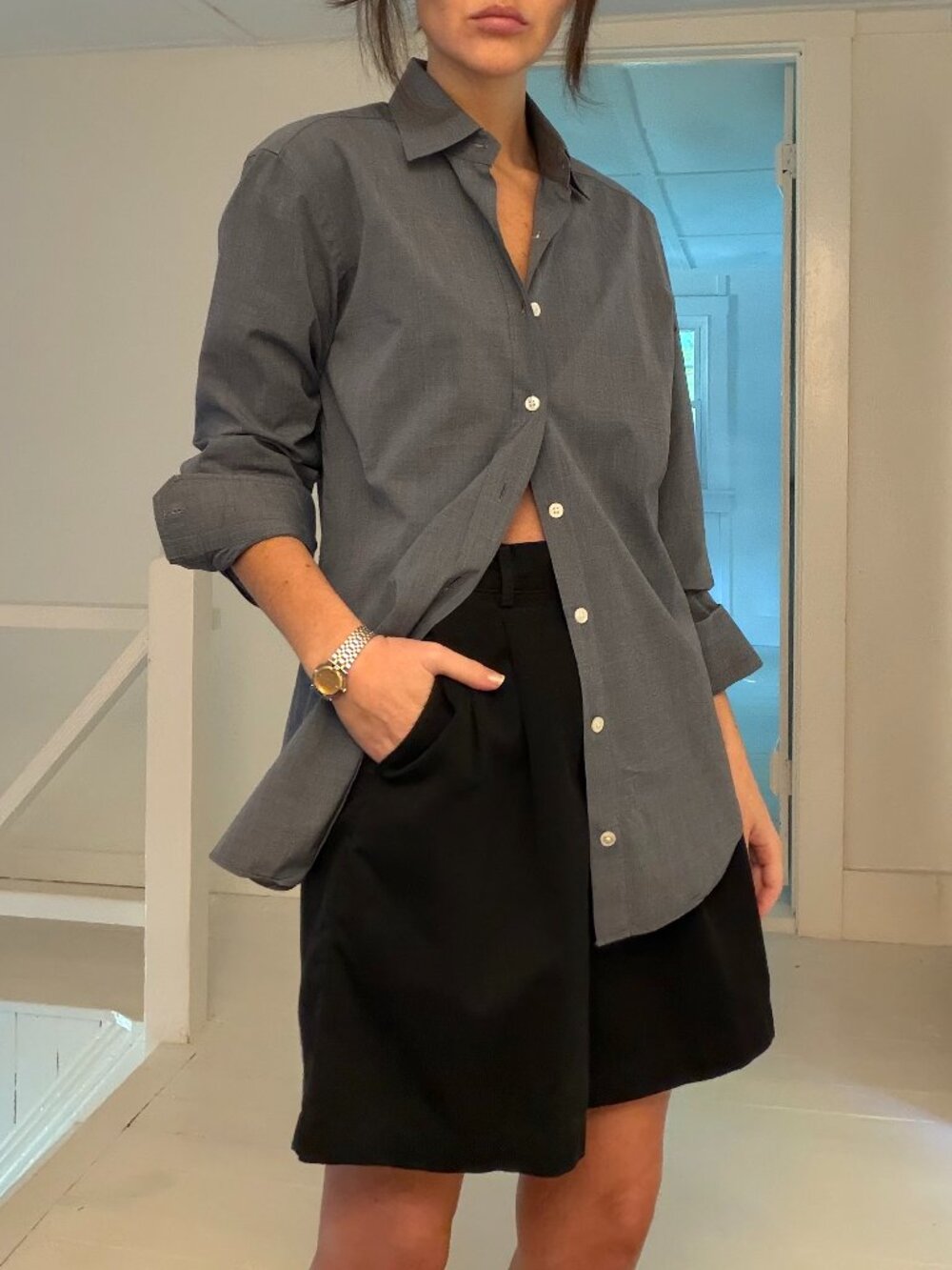 Seize Sur Vingt Warren Button Down Shirt in Chambray Gray Poplin Size 15x33 $210